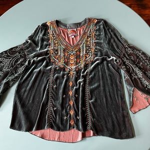 Johnny Was Velvet Boho Shirt Deep blue/green with an under color of dark salmon.